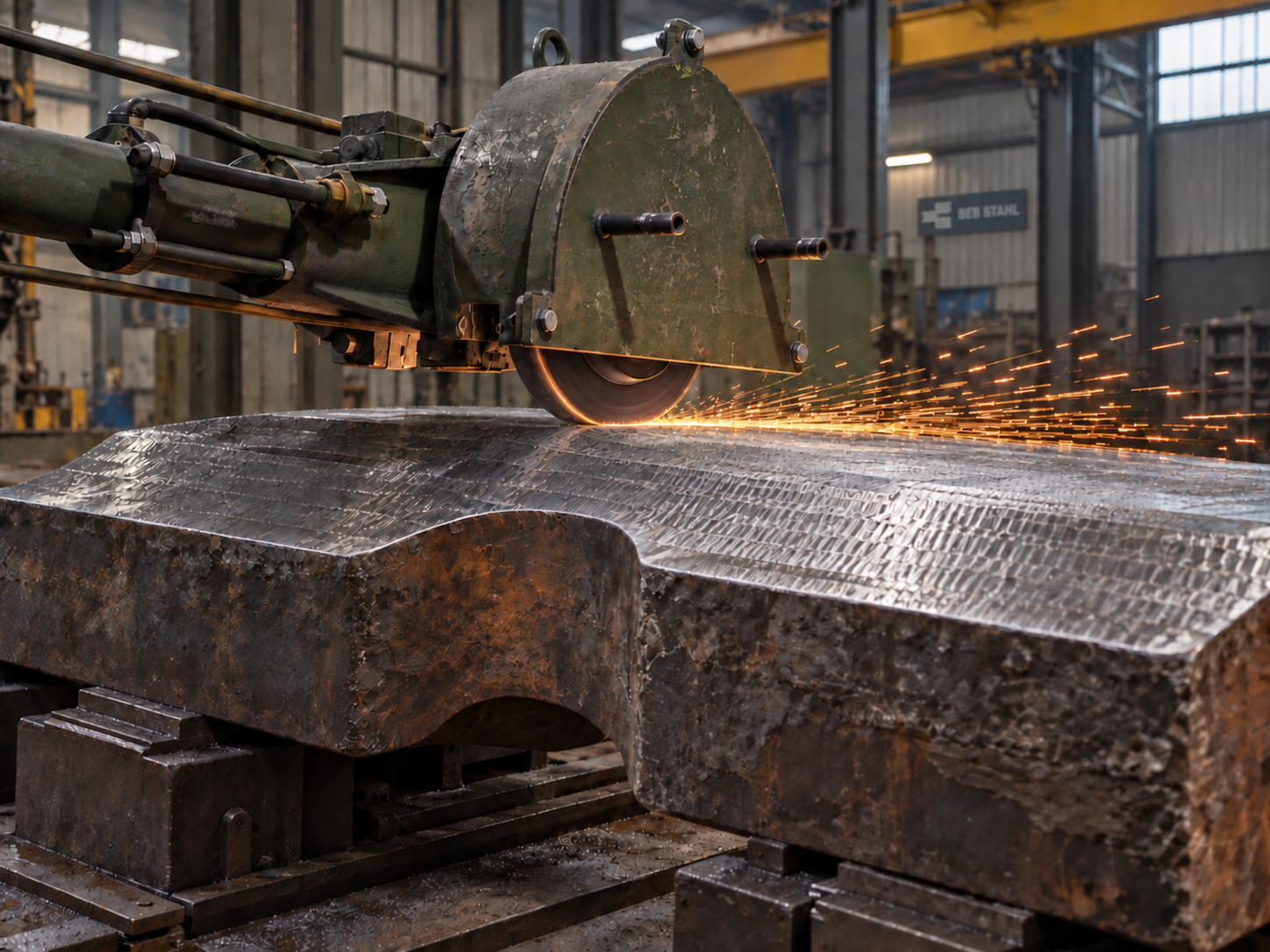 AI illustration: Large forged part undergoing machine surface grinding with flying sparks